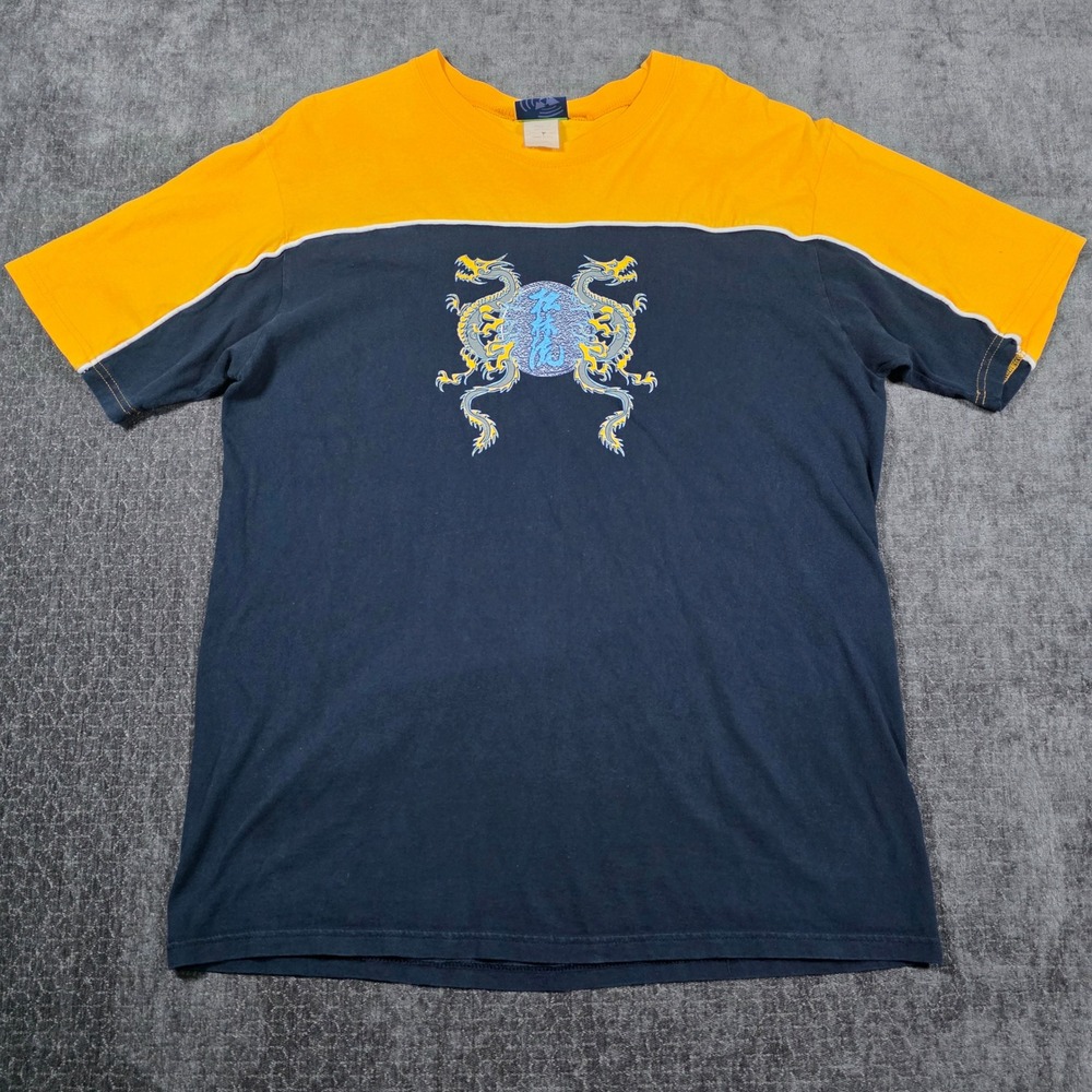 Vintage Decibel High Frequency Dragon Graphic T-Shirt Navy Yellow Y2K Large USA